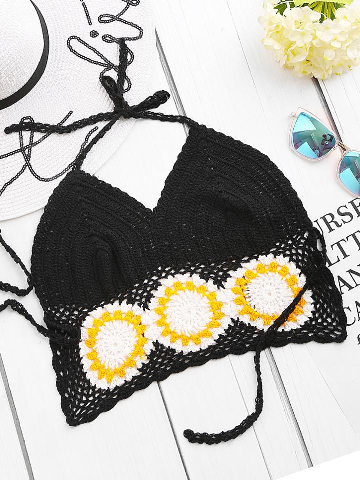 Romwe Black Geo Pattern Trim Crochet Halter Neck Top