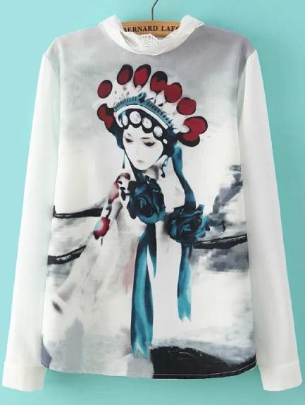 Romwe White Opera Character Print Lace Collar Blouse