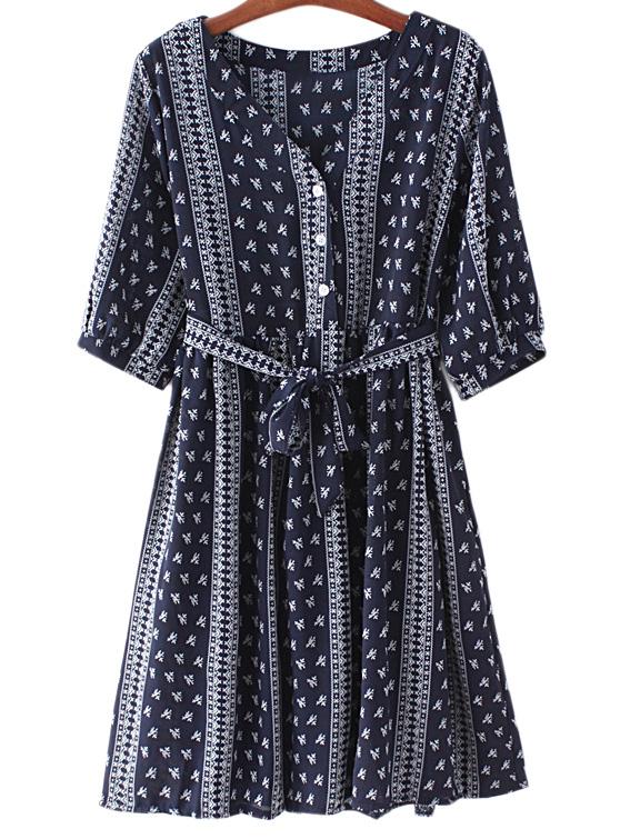 Romwe Navy Half Sleeve Buttons Front Tie-waist Bow Printed Dress