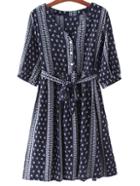 Romwe Navy Half Sleeve Buttons Front Tie-waist Bow Printed Dress