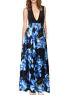 Romwe Deep V Neck Flowers Print Maxi Blue Dress