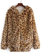 Romwe Hooded Zipper Leopard Loose Coat