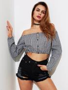 Romwe Bardot Gingham Button Front Crop Top