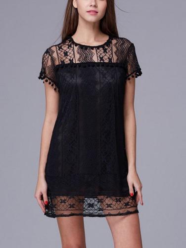 Romwe Black Pom Pom Trim Crochet Overlay Dress