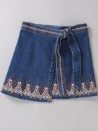 Romwe Blue Embroidery Self Tie Vintage Skirt