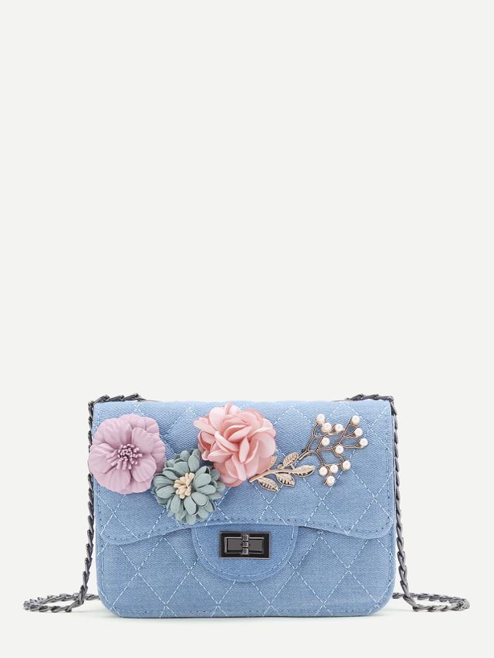 Romwe Applique Flower Quilted Denim Bag