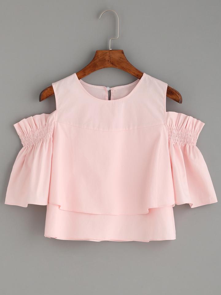 Romwe Pink Keyhole Cold Shoulder Ruffle Blouse