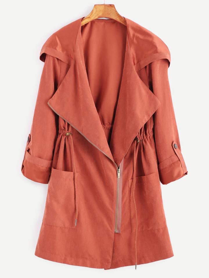 Romwe Brick Red Suede Asymmetric Zip Hooded Coat