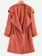 Romwe Brick Red Suede Asymmetric Zip Hooded Coat