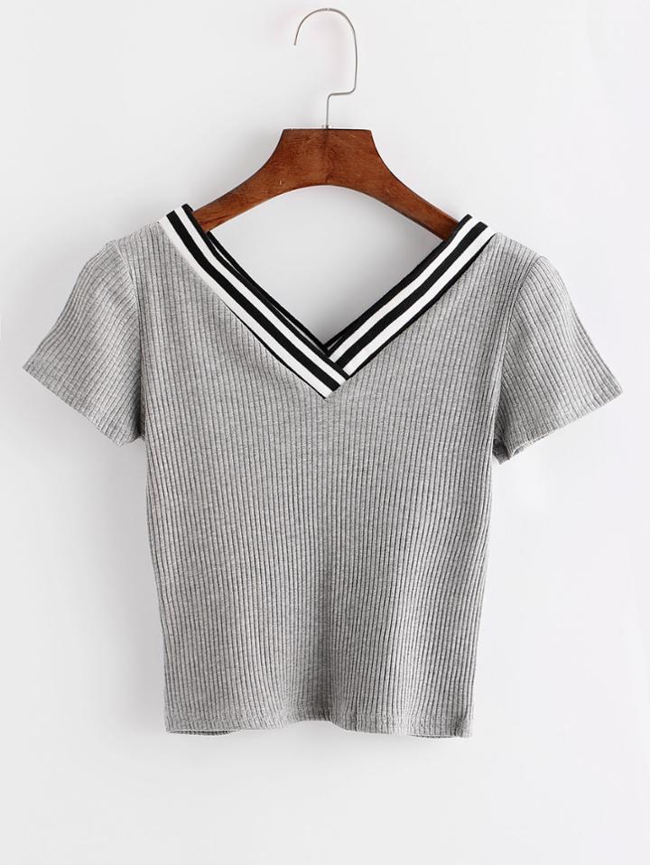 Romwe Grey Contrast Trim Striped V Neck T-shirt