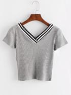 Romwe Grey Contrast Trim Striped V Neck T-shirt