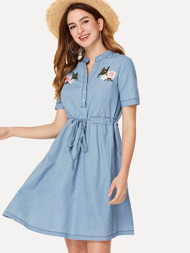 Romwe Floral Embroidered Tie Waist Denim Dress