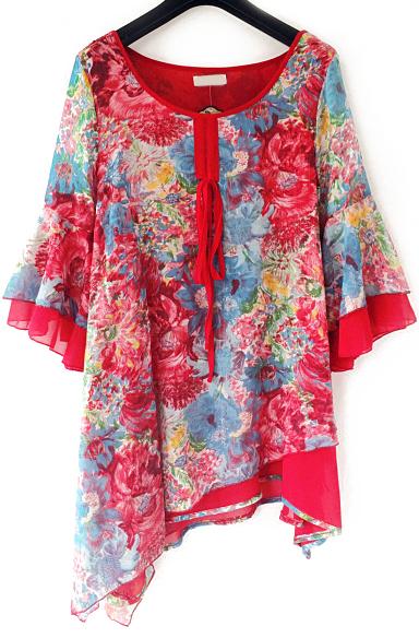 Romwe Bell Sleeve Florals Chiffon Asymmetrical Top