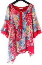 Romwe Bell Sleeve Florals Chiffon Asymmetrical Top
