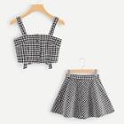 Romwe Single Breasted Checked Top With Shorts