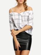 Romwe Cold Shoulder Plaid Shirt With Buttons