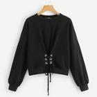 Romwe Lace-up Front Solid Pullover