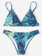 Romwe Adjustable Straps Leaf Print Bikini Set