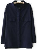 Romwe Stand Collar Pockets Navy Coat