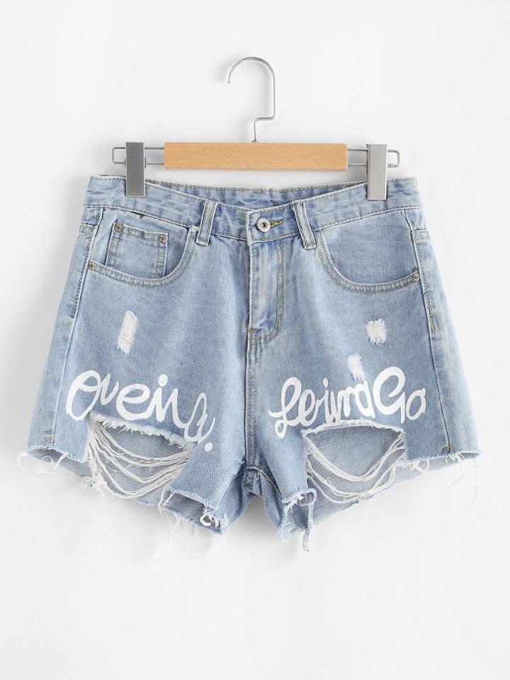 Romwe Letter Print Raw Hem Denim Shorts