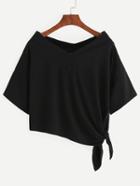 Romwe Black Side Tie Drop Shoulder Asymmetric T-shirt