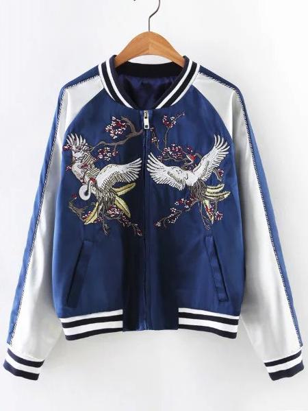 Romwe White Pockets Zipper Front Embroidery Jacket