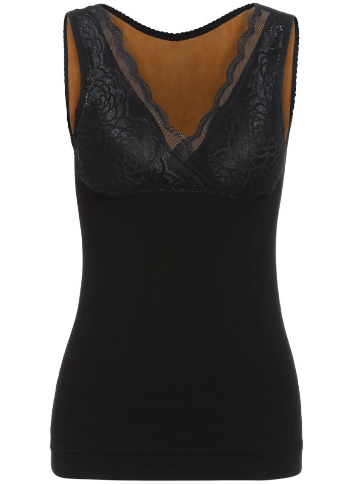 Romwe V Neck Lace Insert Thicken Black Tank Top