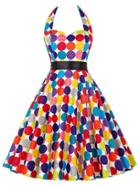 Romwe Multicolor Polka Dot Print Sweetheart Flare Dress