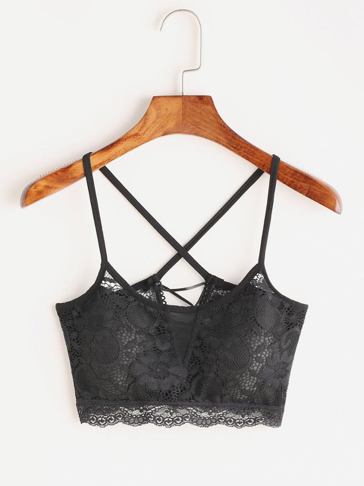 Romwe Criss Cross Back Contrast Lace Cami Top