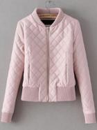 Romwe Pink Zipper Quilted Diamond Pu Jacket