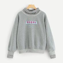 Romwe Striped Panel High Neck Letter Print Sweatshirt