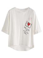 Romwe Ivory Heart And Sentence Print Dip Hem Cuffed T-shirt