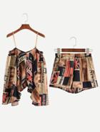 Romwe Multicolor Newspaper Print Cami Top With Shorts
