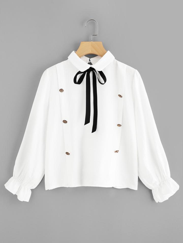 Romwe Fluted Sleeve Tie Neck Blouse