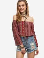 Romwe Burgundy Tribal Print Off The Shoulder Top