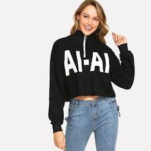 Romwe Letter Print Zip Front Crop Sweatshirt