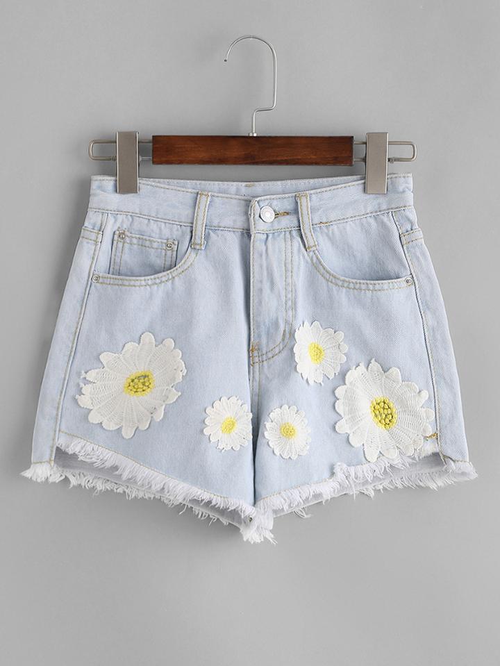 Romwe Bleach Wash Applique Raw Hem Shorts