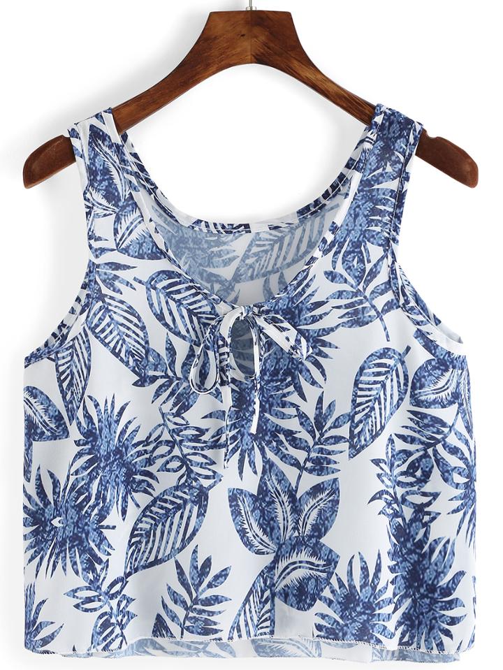 Romwe V Neck Leaves Print Tank Top