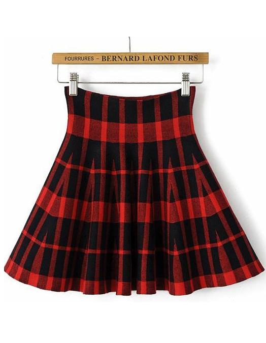Romwe Red Plaid Pleated Skirt