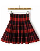 Romwe Red Plaid Pleated Skirt