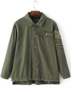 Romwe Army Green Beaded Button Up High Low Coat With Pocket