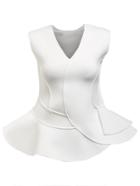 Romwe White V Neck Ruffle Hem Top