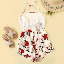 Romwe Floral Print Lace Insert Tie Back Romper