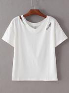Romwe White Cut Out Embroidery Casual T-shirt