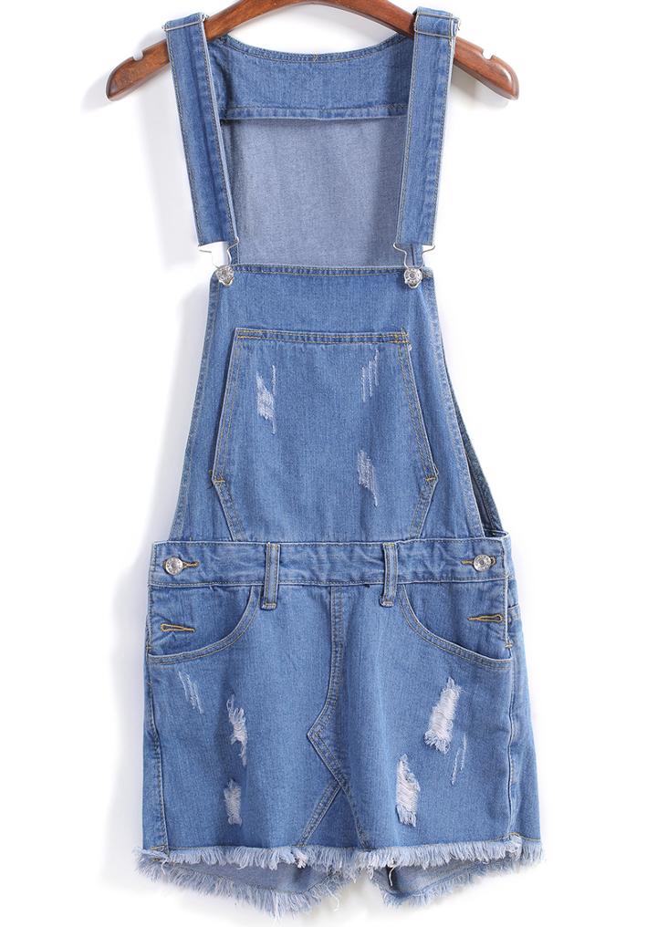 Romwe Strap With Pocket Ripped Fringe Denim Jumpsuit