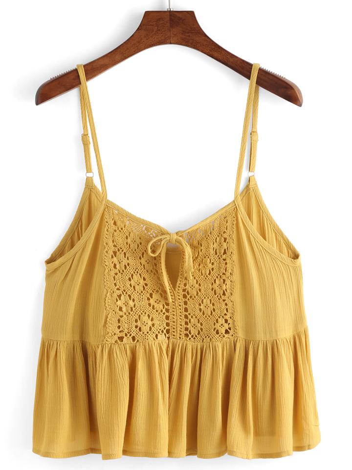 Romwe Spaghetti Strap Lace Insert Ruffle Hem Cami Top