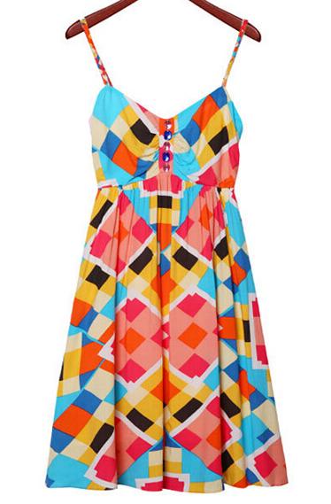 Romwe Spaghetti Strap Geometric Print Pleated Dress