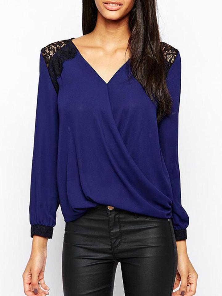 Romwe Dark Blue Long Sleeve Lace Insert Chiffon Blouses