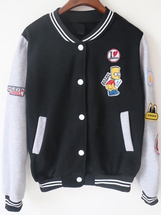 Romwe Cartoon Patch Buttons Black And Grey Jacket
