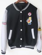 Romwe Cartoon Patch Buttons Black And Grey Jacket